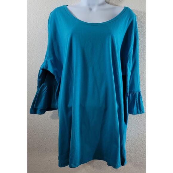 Roaman's Blue Round Neck Ruffled 3/4 Sleeve Top 1X Plus 22 24 New Without Tags - Picture 1 of 6